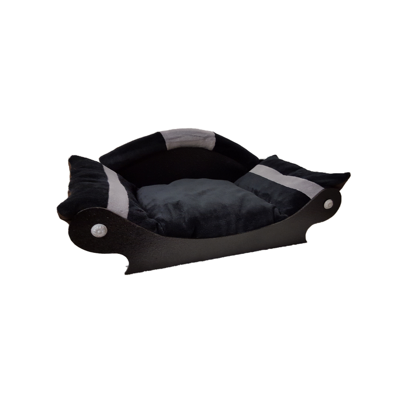 panier pour chien en forme de canapé noir avec deux bandes grises