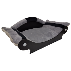 très beau canapé pour chien avec couchage gris avec bandes noir