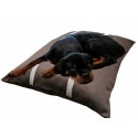 Coussin rectangulaire déhoussable pour chiens, couchage en tissu d'ameublement marron foncé avec des rayures écru
