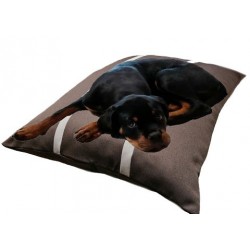Coussin rectangulaire déhoussable pour chiens, couchage en tissu d'ameublement marron foncé  avec des rayures écru