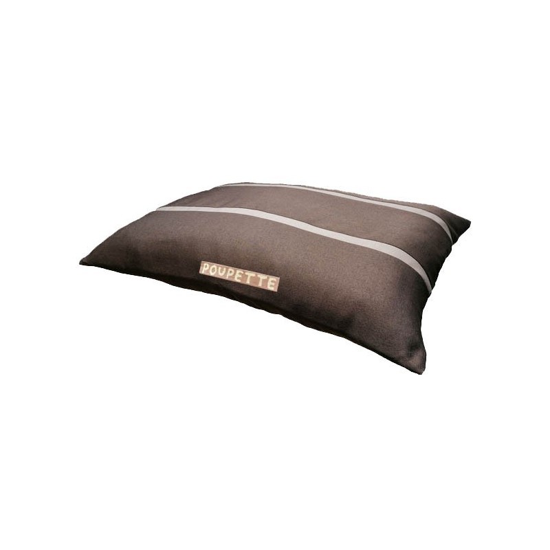 Coussin rectangulaire déhoussable pour chiens, couchage en tissu d'ameublement marron foncé avec des rayures écru Coussin rectangulaire déhoussable pour chiens, couchage en tissu d'ameublement marron foncé avec des rayures écru