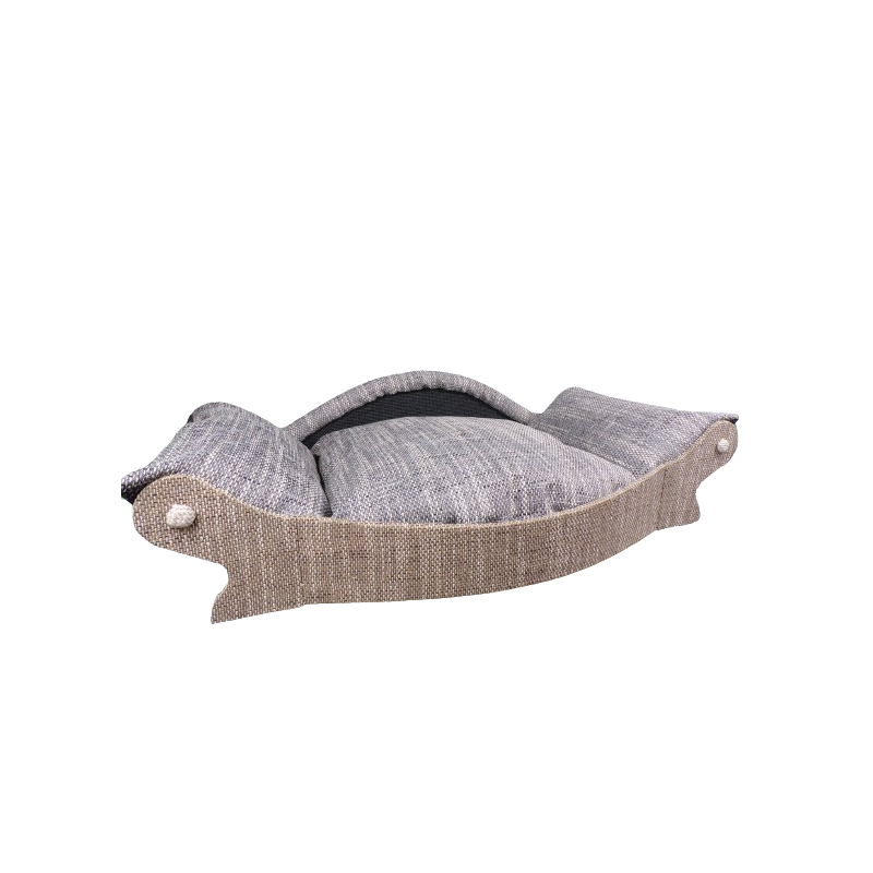canape pour chien ,avec une armature marron clair avec un coussin gris