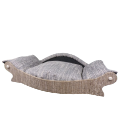 canape pour chien ,avec une armature marron clair avec un coussin gris