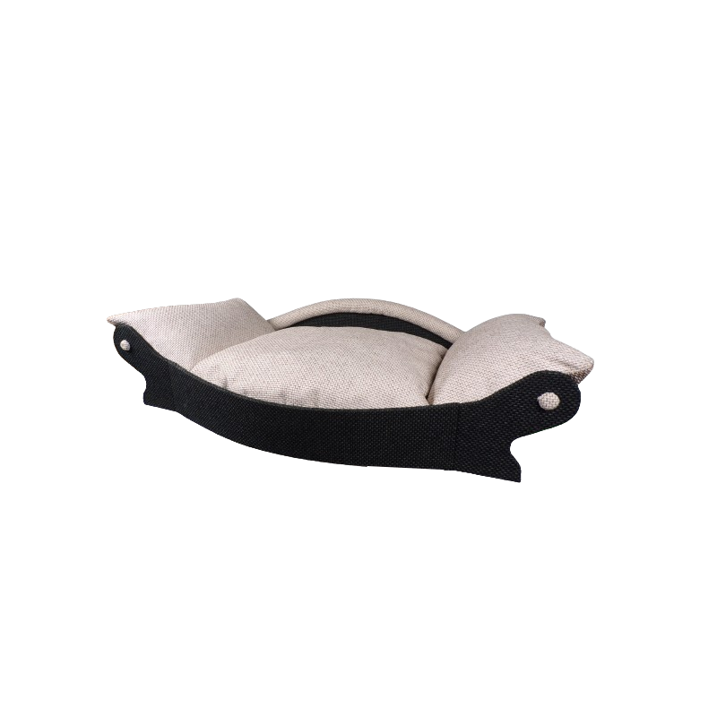 Très ravissant panier pour chien noir et écru en tissu d'ameublement