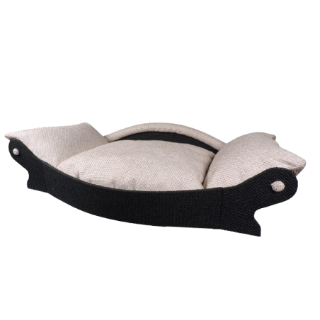 Très ravissant panier pour chien noir et écru en tissu d'ameublement