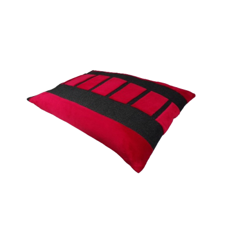 Coussin, matelas très solide rectangulaire pour chien moyen réalisé en tissu rouge avec des rayures noires