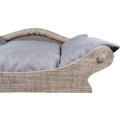 détail du tissu pour le fauteuil en tissu chiné écru et gris clair pour chiens