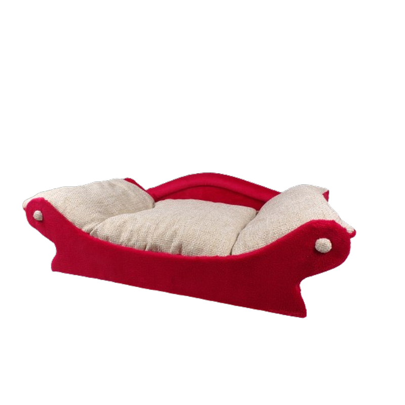 canapé pour petit chien et chat couleur framboise , avec coussin en fourrure beige