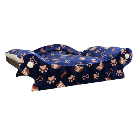 canapé pour chien et chat dans le style d'un panier de couleur bleu avec des impressions marron de pattes et d'os canapé pour chien et chat dans le style d'un panier de couleur bleu avec des impressions marron de pattes et d'os