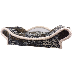 détail du fauteuil canapé pour animal de compagnie en tissu polyester patchwork avec un contour avant écru