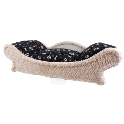 fauteuil spacieux pour chien et chat ,la structure en bois recouvert de tissu beige clair et d'un coussin noir