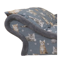 lit corbeille--panier pour chats réalisé en tissu gris avec des impressions de chats