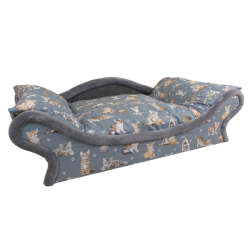 corbeille au confort d'un panier pour chats réalisé en tissu gris avec des impressions de chats
