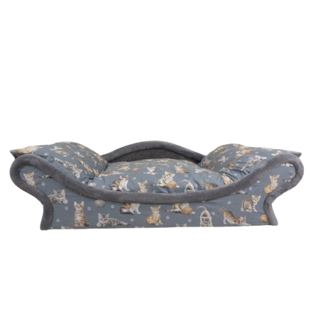 corbeille au confort d'un canapé pour chats réalisé en tissu gris avec des impressions de chats confortable comme un fauteuil