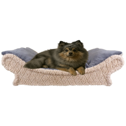 Panier pour chiens en tissu doux beige clair et gris avec un coussin déhoussable