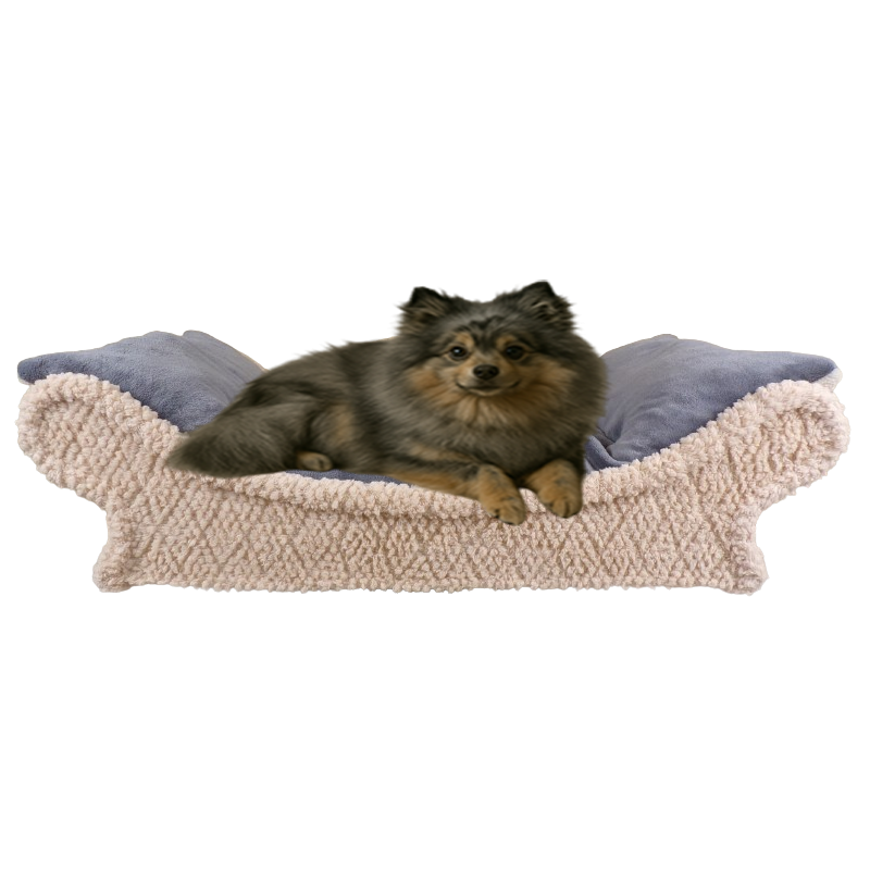 Panier pour chiens en tissu doux beige clair et gris avec un coussin déhoussable