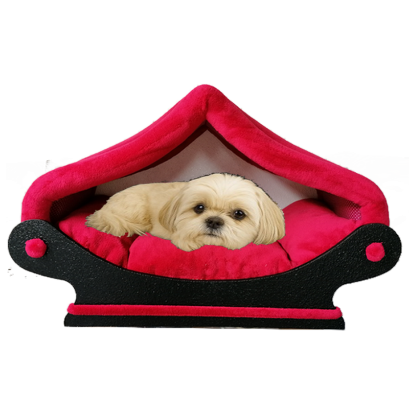 La maisonnette pour chat et petit chien est fabriquée avec un tissu rouge polaire doux au toucher.