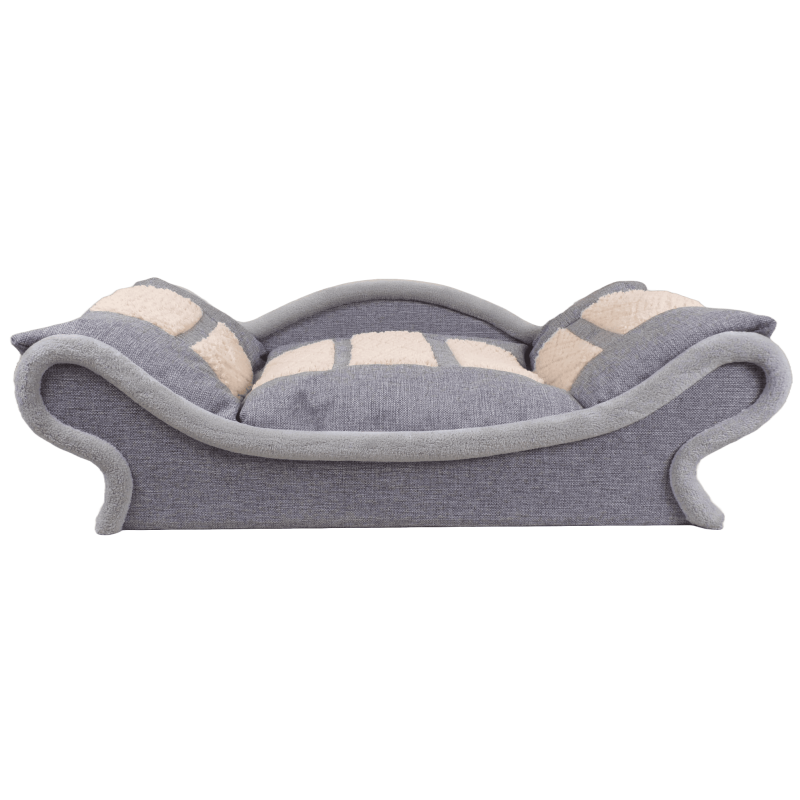 Canapé élégant pour chat et chien avec une structure en tissu gris et un coussin gris et écru