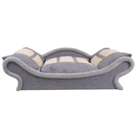 Canapé élégant pour chat et chien avec une structure en tissu gris et un coussin gris et écru