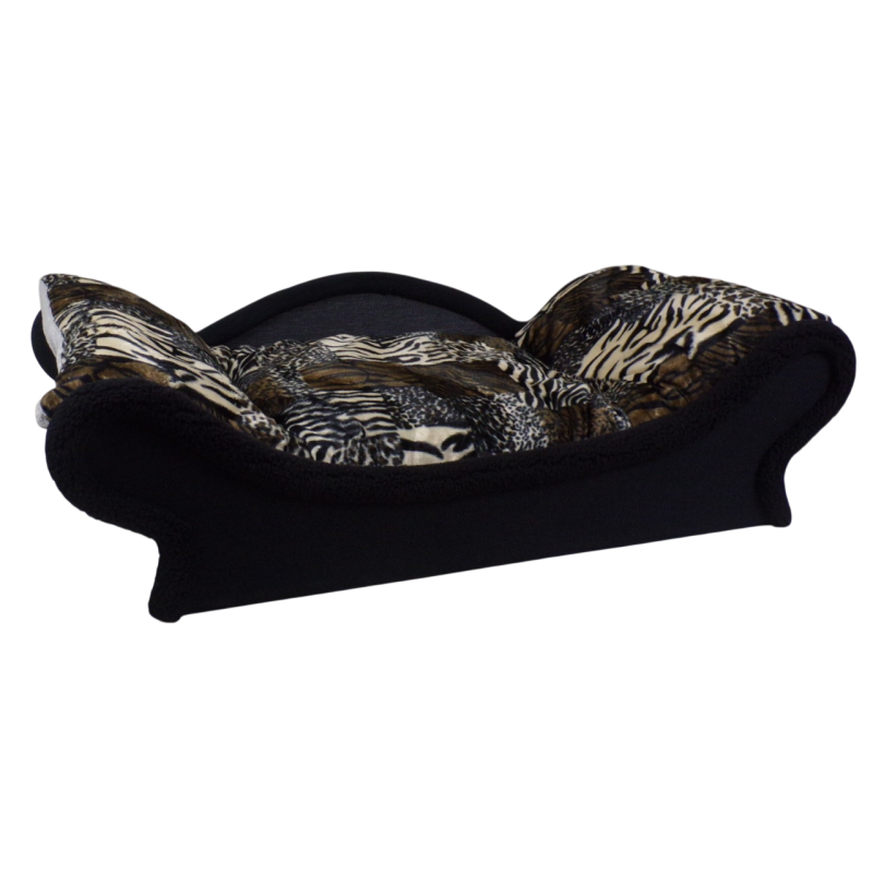 Lit de luxe pour chat-chien avec une structure noire et un coussin fourrure