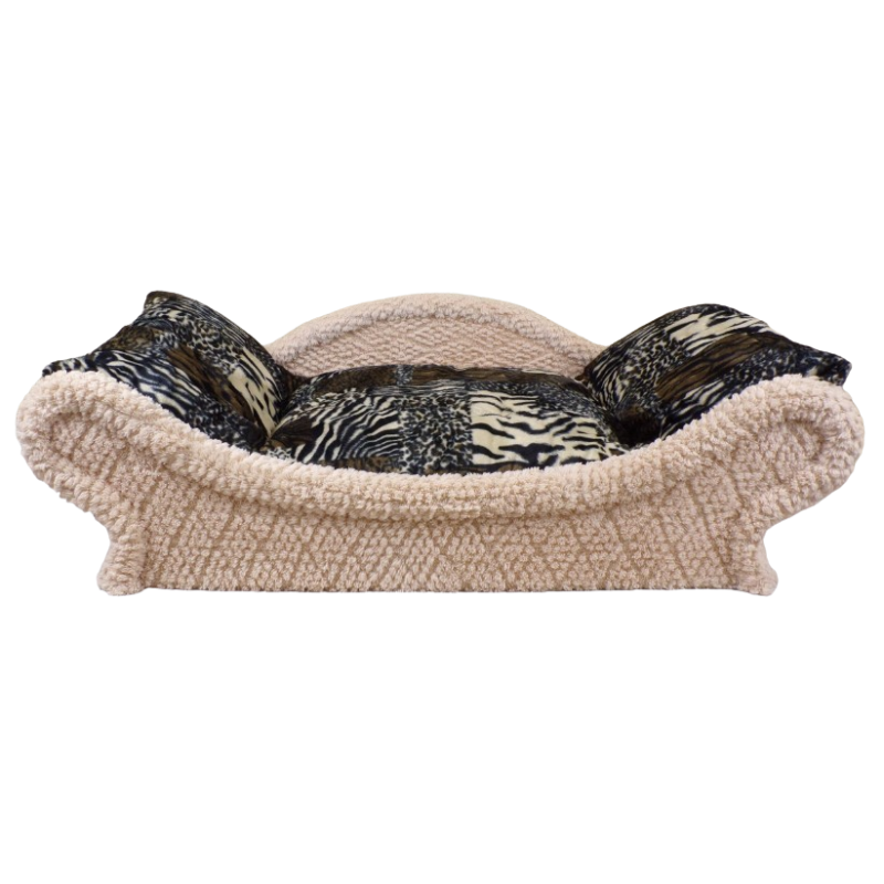 Canapé pour chat en tissu bouclette écru au style contemporain avec un coussin amovible avec décor animalier