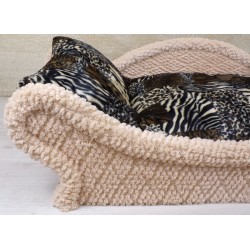 Photo de détail du canapé pour chat en tissu bouclette écru au style contemporain avec un coussin amovible avec décor ani