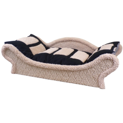 Panier pour chat avec une armature en tissu bouclette beige clair et un coussin en tissu  douillet en polaire noir et écru