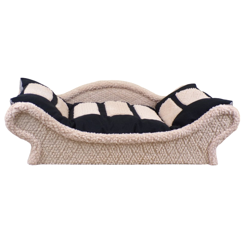 Panier pour chat avec une armature en tissu bouclette écru et un coussin noir et beige clair