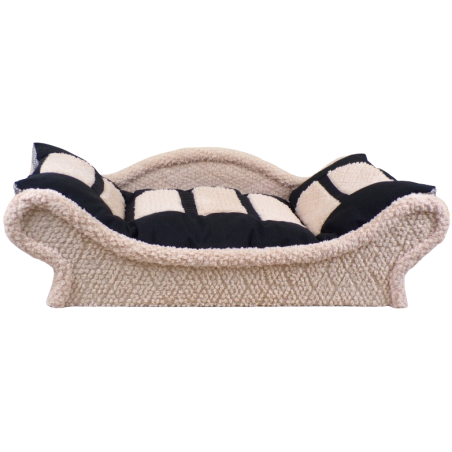 Panier pour chat avec une armature en tissu bouclette écru et un coussin noir et beige clair