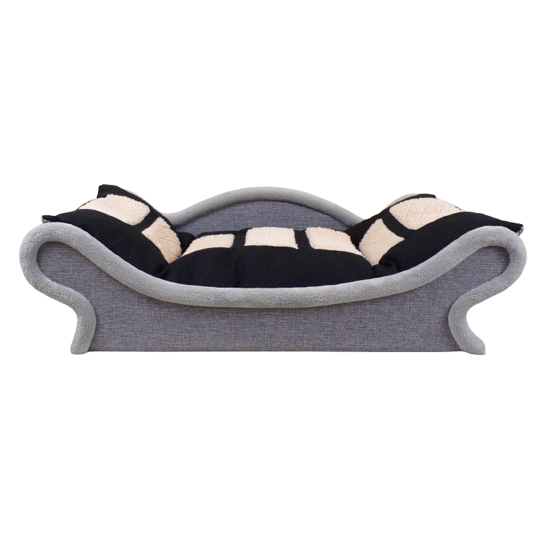 Un canapé-lit gris,noir et écru pour chien et chat muni d'un coussin noir et écru