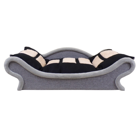 Un canapé-lit gris,noir et écru pour chien et chat muni d'un coussin noir et écru