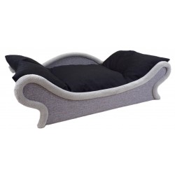 Un canapé gris pour chien avec un coussin noir confortable et élégant,