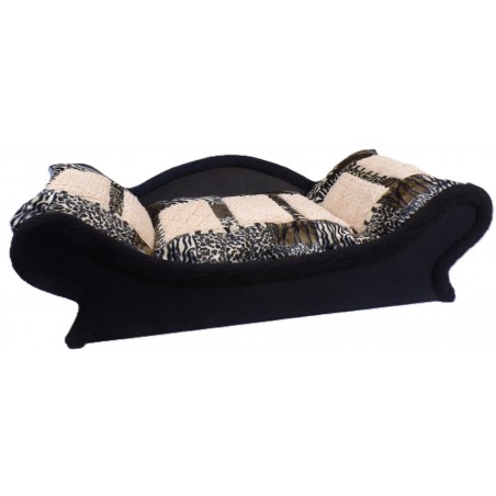 Sofa pour chien noir avec un coussin écru avec des impressions de fourrure animalière