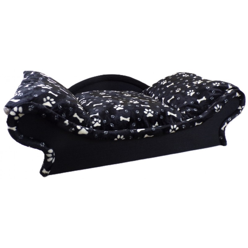 Panier canapé noir pour chien, couchage confortable, motifs pattes & os