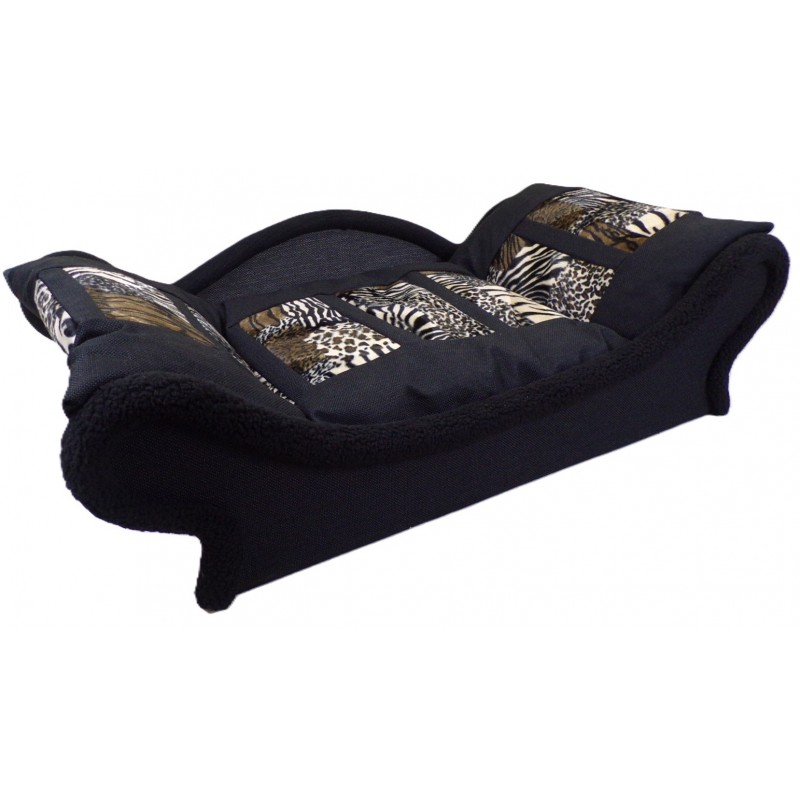 Lit de luxe pour chat-chien avec une structure noire et un coussin fourrure  initation animalière