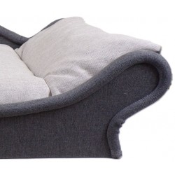 Zoom de détail du sofa pour petit chien et chat : l'armature du panier est noire avec un couchage écru