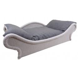 Panier écru pour petit chien-chat : le couchage est en tissu d'ameublement gris foncé