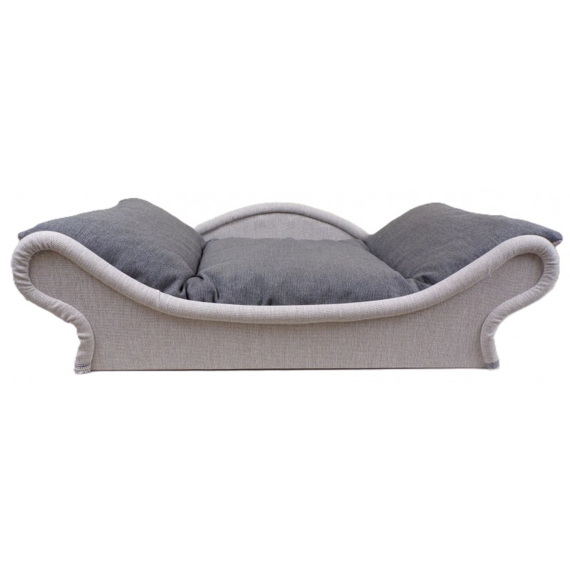 Canapé écru pour petit chien-chat : le couchage est en tissu d'ameublement gris foncé