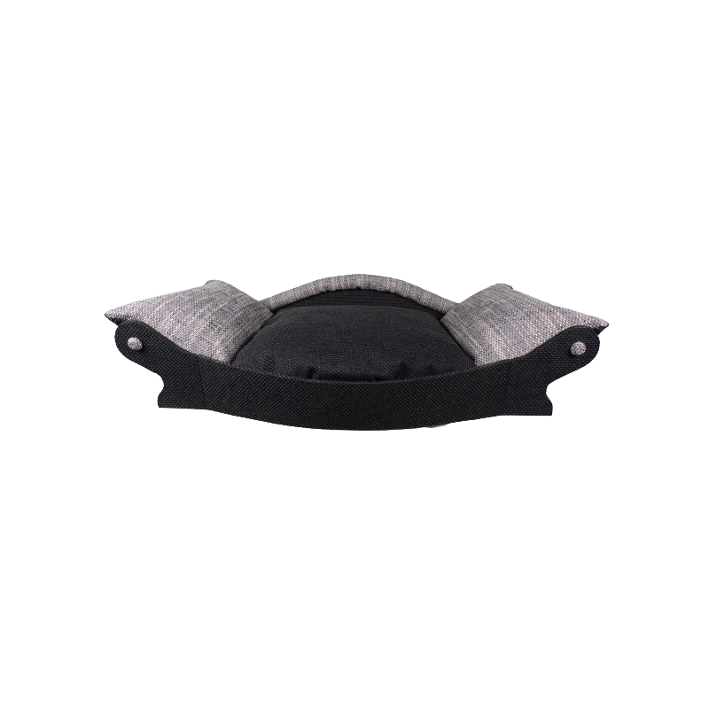 Banquette pour chien en forme de canapé avec un coussin noir avec des accoudoirs gris
