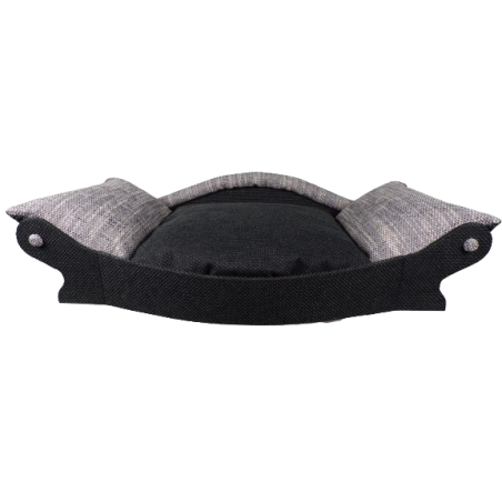 Banquette pour chien en forme de canapé avec un coussin noir avec des accoudoirs gris