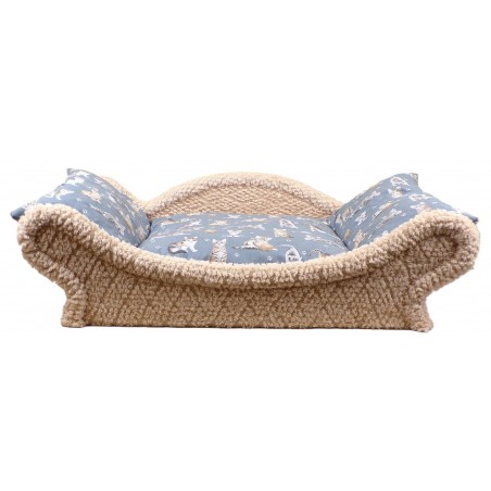 Canapé -lit écru pour chat avec une armature en tissu bouclette beige clair le coussin est de couleur lavande