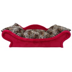 Panier en forme de canapé rouge pour chien et chat rouge avec un couchage doux en fourrure léopard