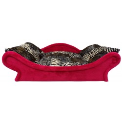 Panier pour chien et chat  réalisé en tissu patchwork polaire imitation fourrure animalière et l'ossature est en tissu rouge vif