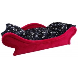 Canapé pour chien en tissu polaire rouge avec coussin amovible noir imprimé pattes et os