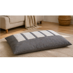 Coussin-lit de luxe pour chien déhoussable gris avec des rectangles écru beige clair