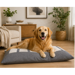 Coussin de luxe pour chien déhoussable gris avec des rectangles écru