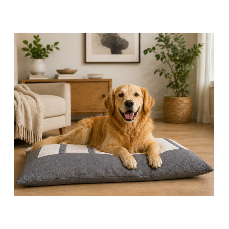 Coussin de luxe pour chien déhoussable gris avec des rectangles écru