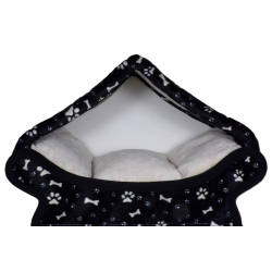 Niche maisonnette noire avec des impressions de pattes et des os pour petit chien et chat