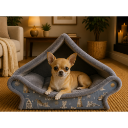 niche cocooning de couleur lavande pour chat, couchage cozy pour chat et petit chien