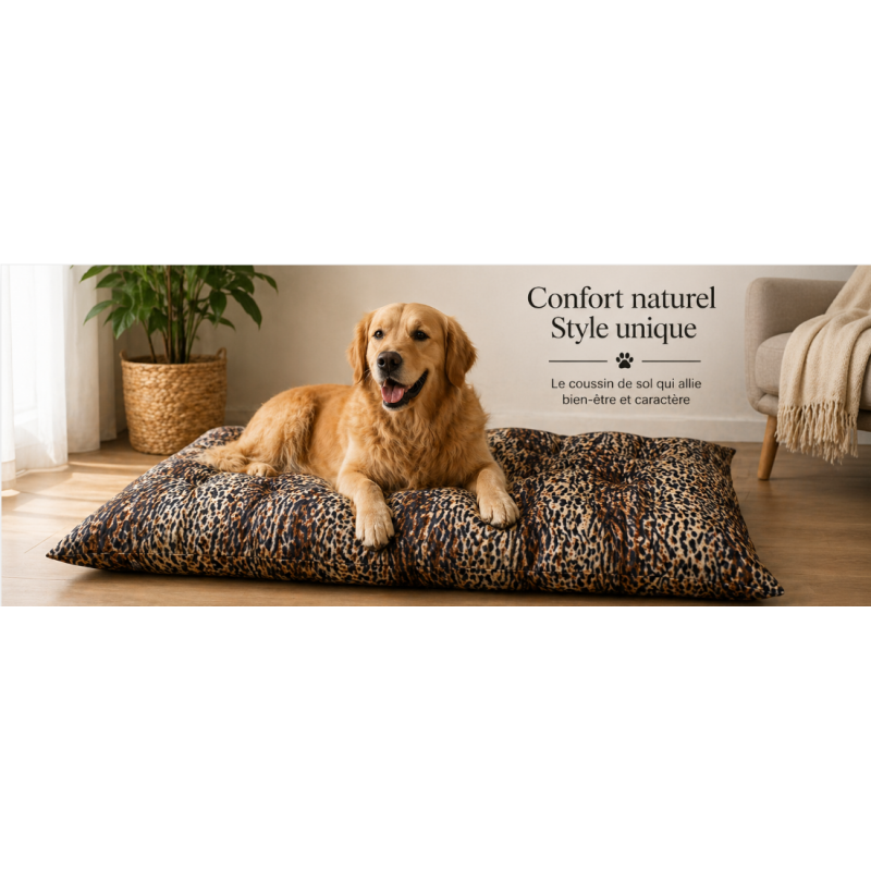 Avec son imprimé léopard raffiné, ce coussin pour chien  devient un véritable élément décoratif.